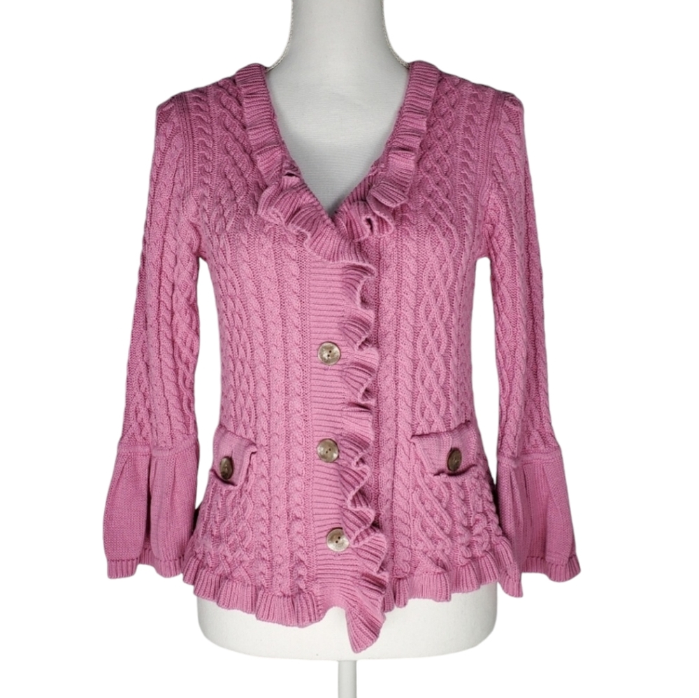 J. Jill S Pink Cable Knit Ruffle Cardigan